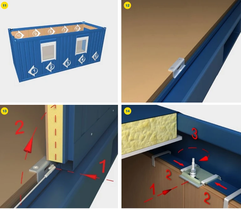 Diagram med fyra paneler som visar hur man monterar en blå modulbyggnad med isolering och metallfästen.