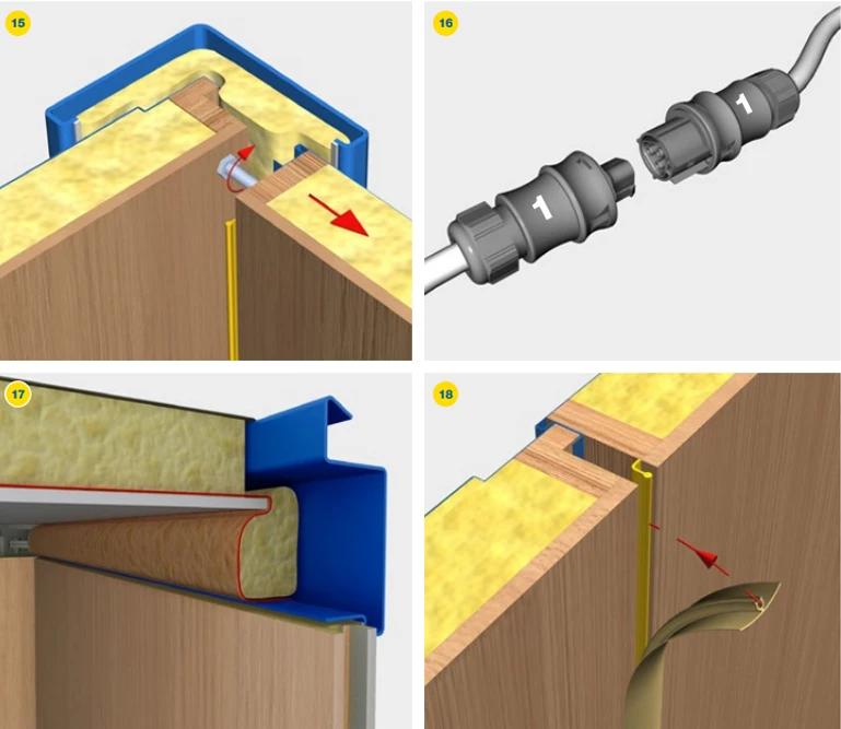 Fyra diagram som visar dörrens monteringssteg, isolering, elektriska ledningar och en närbild av en kabelkontakt.