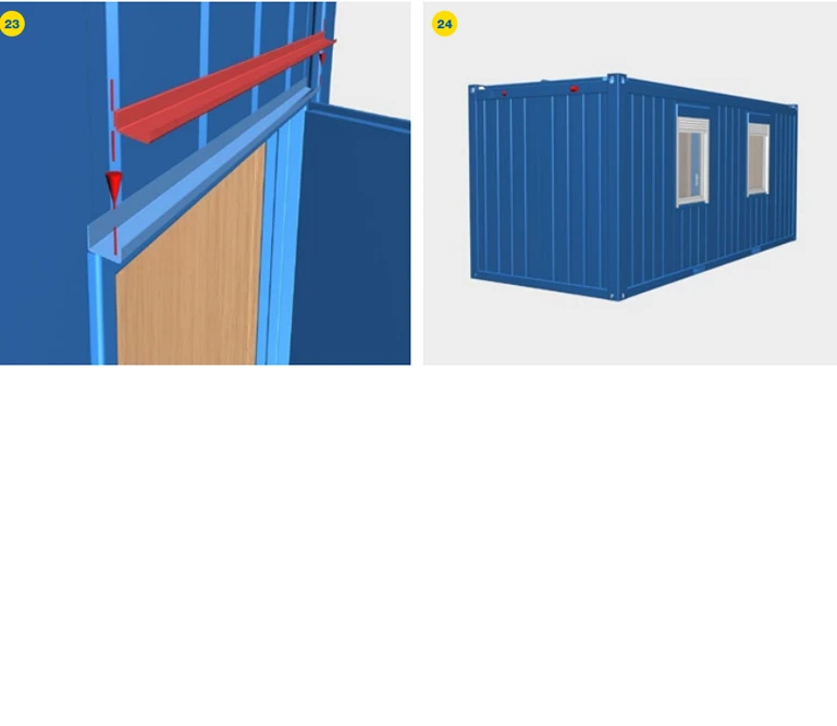 Vänster: Röd balk ovanför en dörrkarm av trä. Till höger: Blå fraktcontainer med fönster.