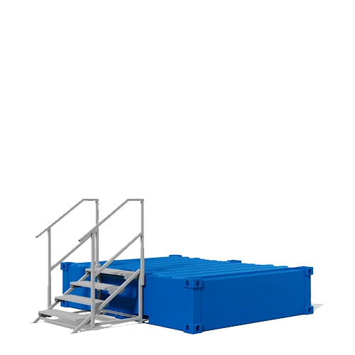 Blå container med påbyggd metalltrappa, räcke på vänster sida och plats för avfallstankar eller sanitetsmoduler.