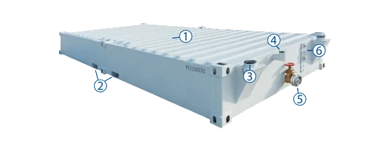 En rektangulär vit industriell avfallstankar med numrerade etiketter som markerar viktiga delar och beslag på ytan, som ofta används i sanitetsmoduler för effektiv avfallshantering.