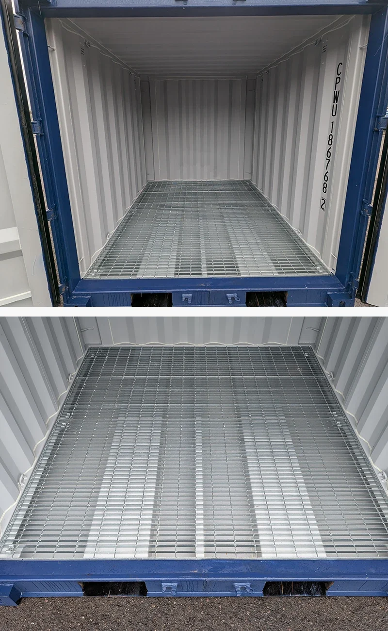 Överst: Tom Miljöcontainer med metallgolv. Nederst: Närbild av metallgallret inne i containern.