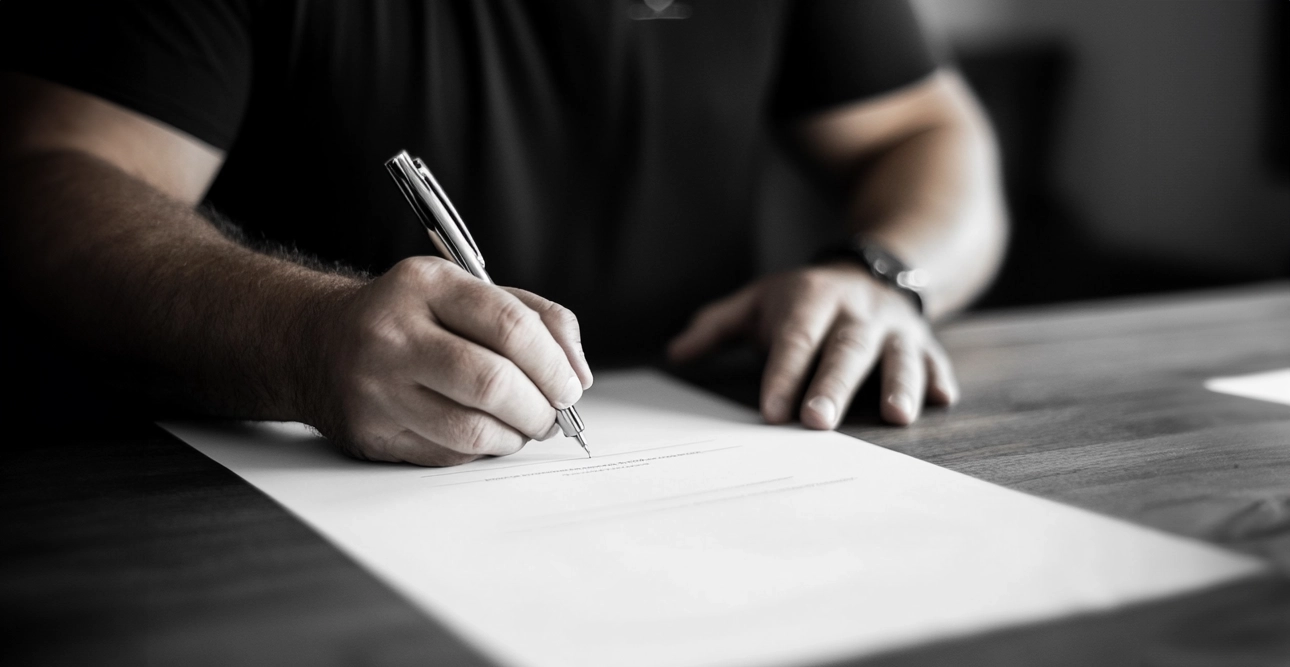 En person i svart skjorta signerar ett dokument vid ett träbord med en penna och granskar finansieringsalternativ inför ett viktigt beslut.