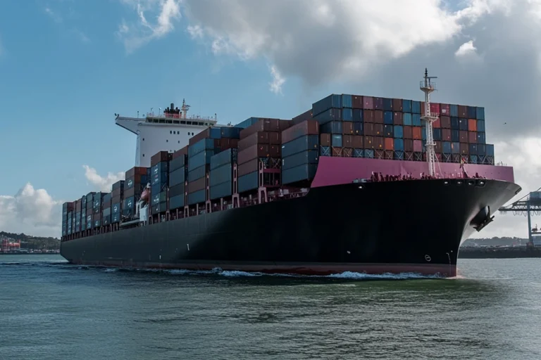 Ett stort lastfartyg lastat med färgglada sjöcontainrar seglar genom vattnet under en molnig himmel.