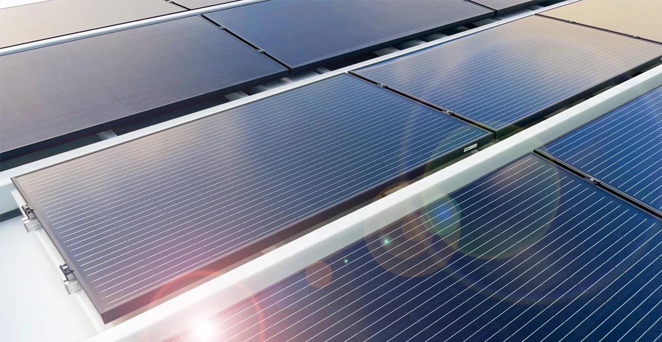 Närbild av flera solcellsmoduler på ett tak med solljus som reflekteras på deras yta.