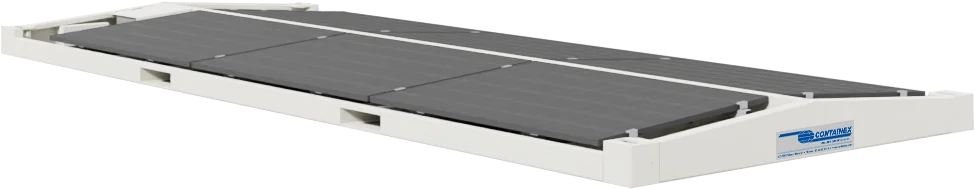 Rektangulär plattform med vit ram och tre mörka paneler samt en blåvit etikett på sidan.