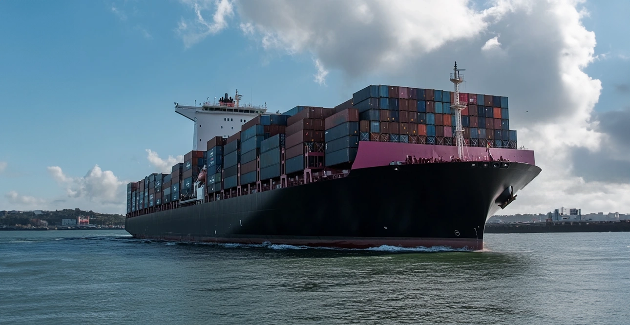 Stort lastfartyg med staplade sjöcontainrar seglar på vattnet nära en avlägsen strandlinje.